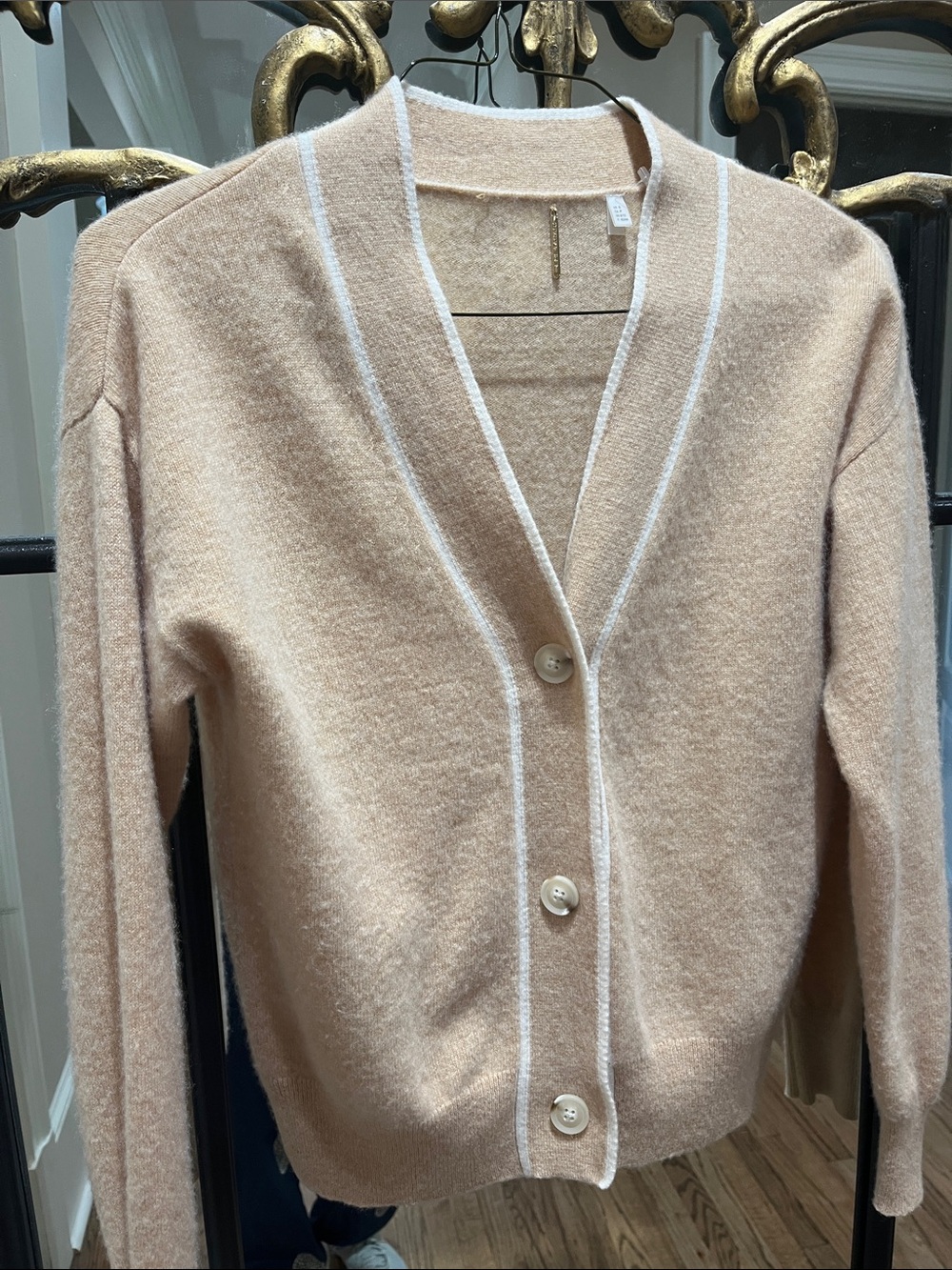 Elie Tahari Cream-Tan V-Neck Button Cardigan with White Trim Cashmere
